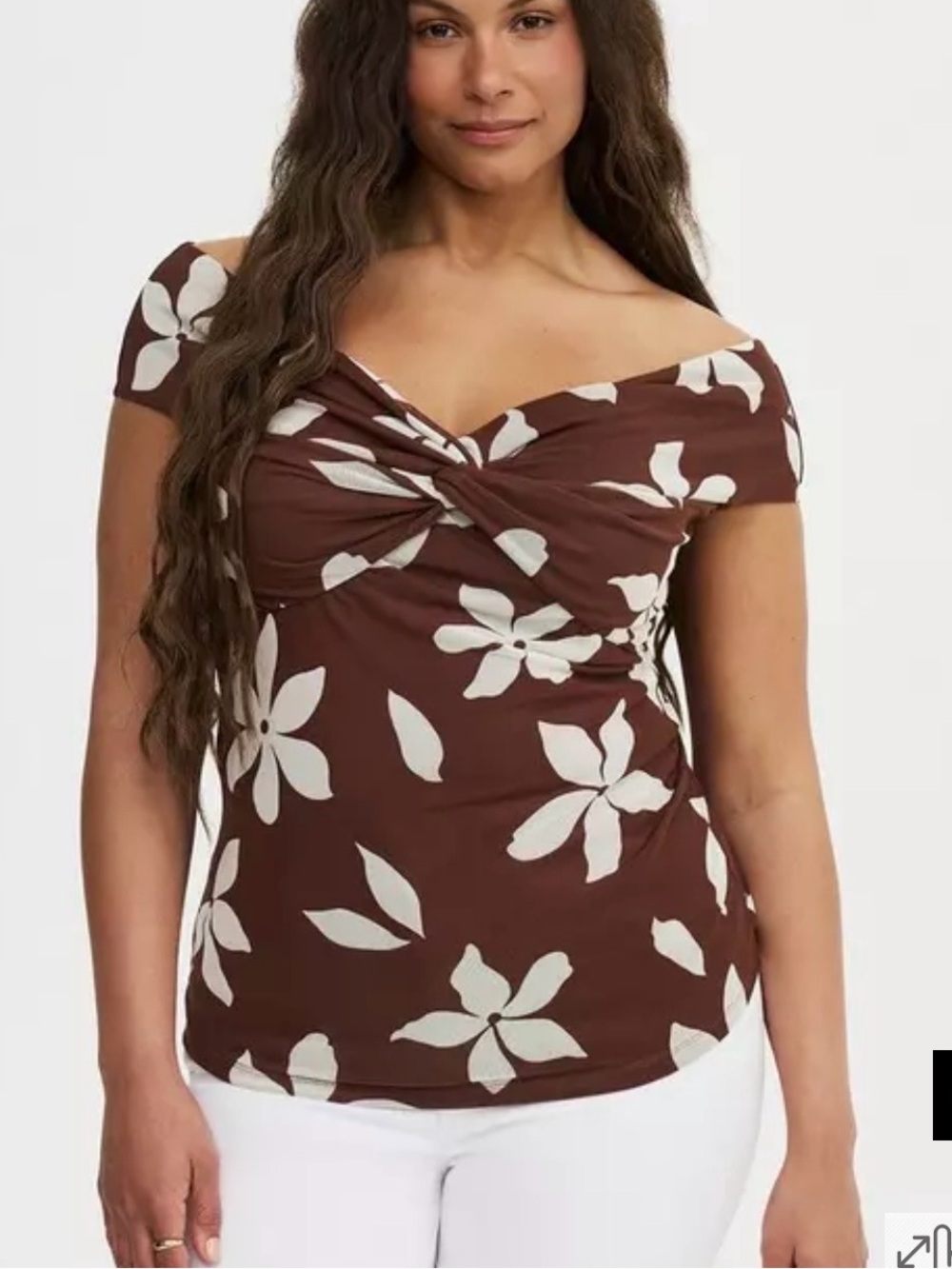 NWT torrid Brown Off-Shoulder Twist-Front Floral Top Mesh Stretch 1X vacation